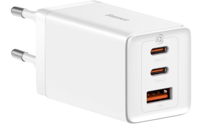 Baseus Travel Charger GaN5 Pro Fast Wall Charger, C+C+U, QC, AFC, PD 65W with Type-C to Type-C (100W) Cable 1m, White